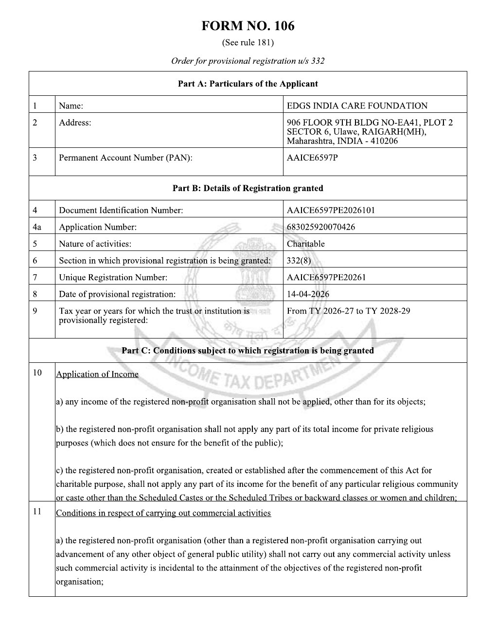 EDGS India Care Foundation 12A Approval